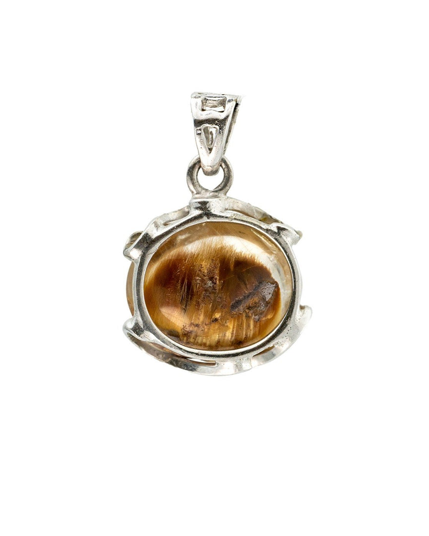 round golden rutilated quartz pendant in silver setting