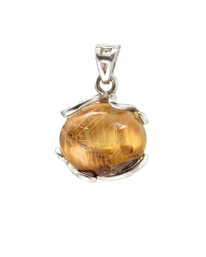 round golden rutilated quartz pendant in silver setting