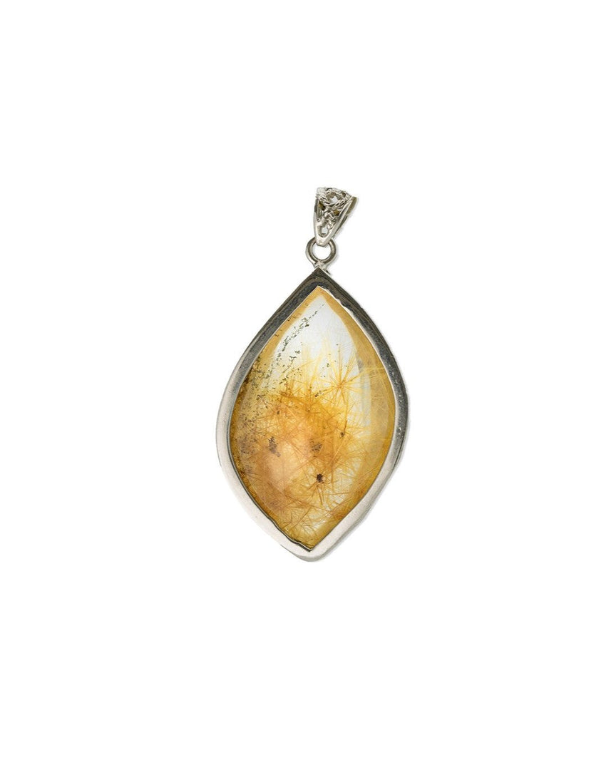 golden rutilated quartz pendant in silver setting