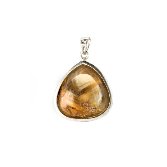 triangular golden rutilated quartz pendant in silver setting