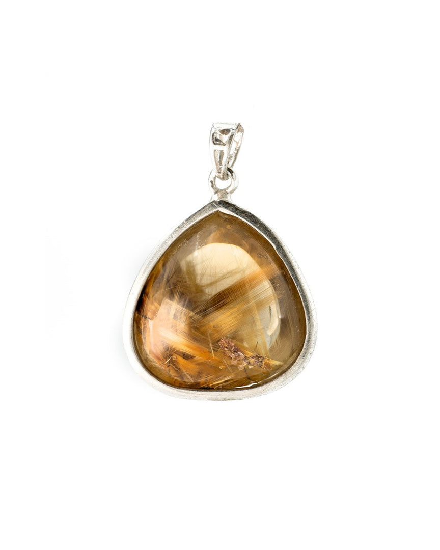 triangular golden rutilated quartz pendant in silver setting