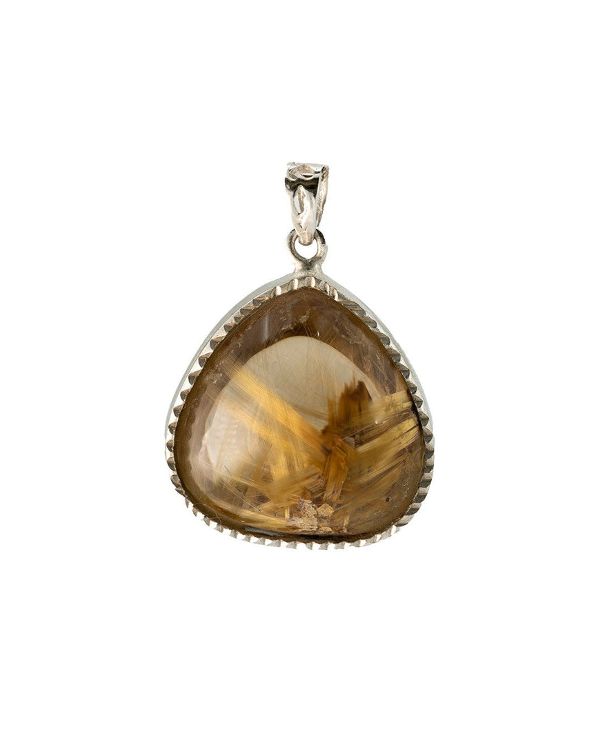 triangular golden rutilated quartz pendant in silver setting