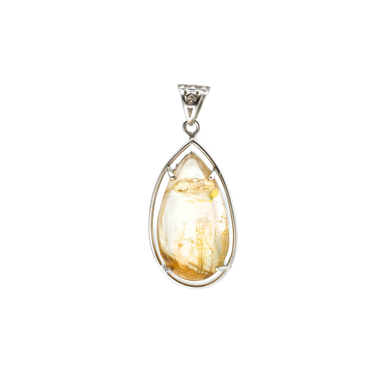 teardrop golden rutilated quartz pendant in silver setting