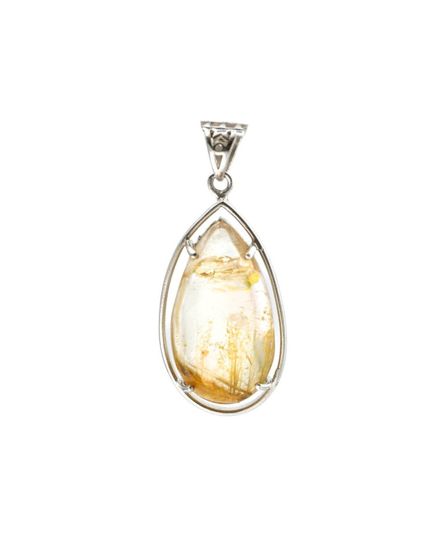 teardrop golden rutilated quartz pendant in silver setting