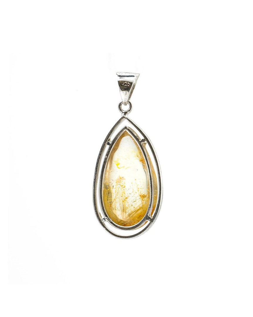 teardrop golden rutilated quartz pendant in silver setting