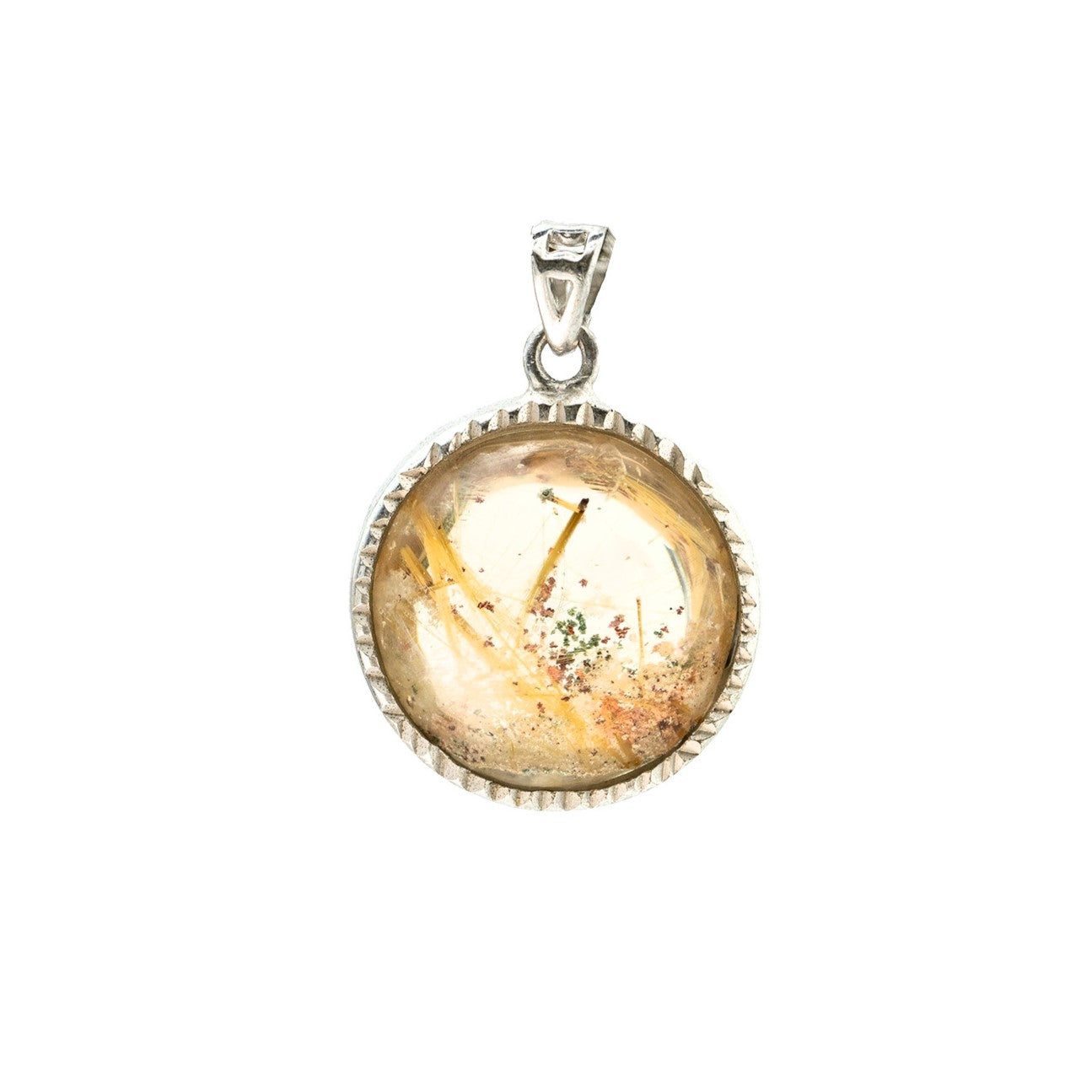 round golden rutilated quartz pendant in silver setting