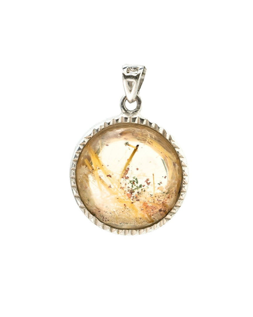 round golden rutilated quartz pendant in silver setting