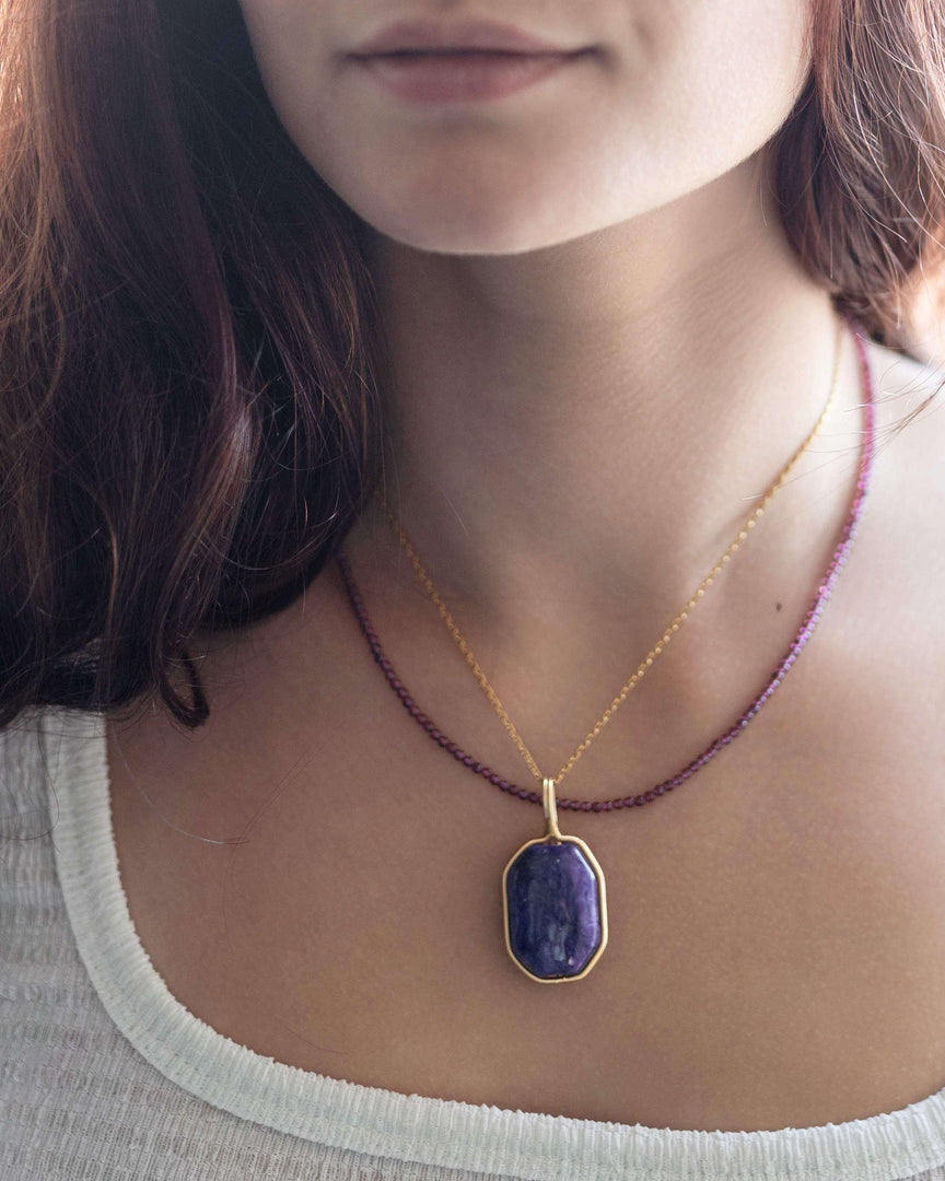 Charoite Pendant (Rectangular Wire-Wrapped) worn by a women