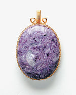 Load image into Gallery viewer, Purple stone pendant with gold frame on a white background
