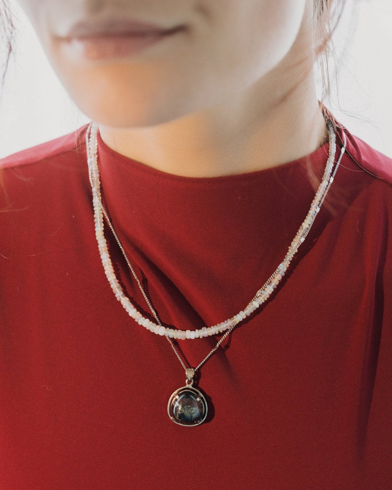 round phantom quartz pendant in silver setting